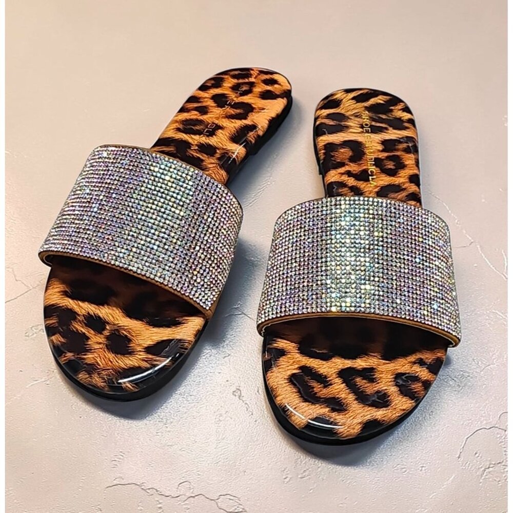 Leopard Print Slides With Rhinestone Straps Stylish Womens Sandals - Picture 2 of 7
